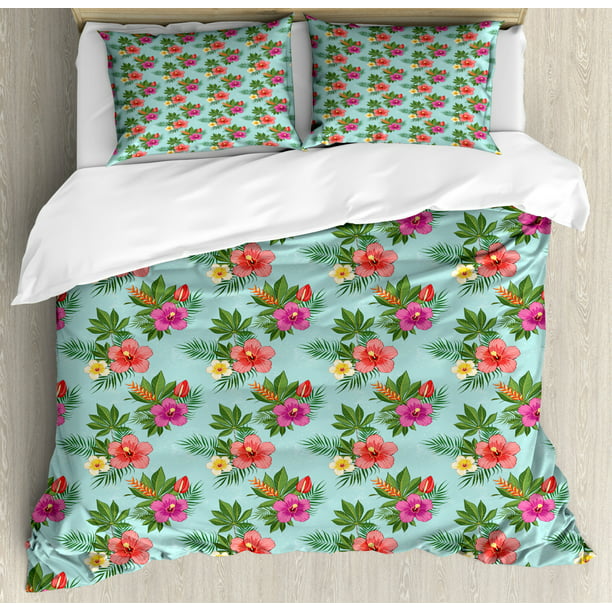 Personalized Bedding Blue Floral Patterns Double Full Queen King All Sizes Tropical Hibiscus Frangipani Duvet Cover Set with Pillowcases